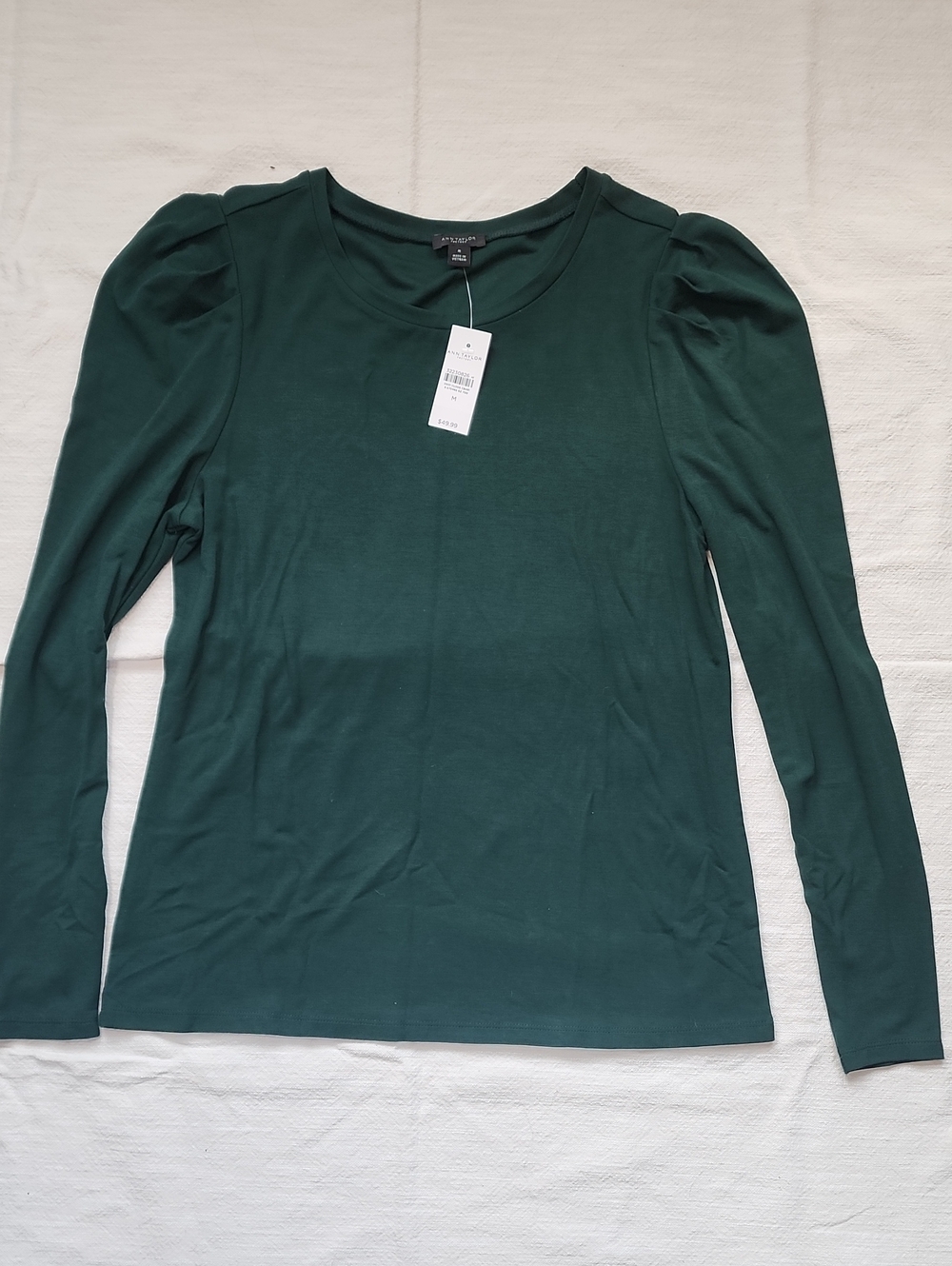 Ann TAYLOR Forest Green Long Sleeve Puff-Shoulder Tee